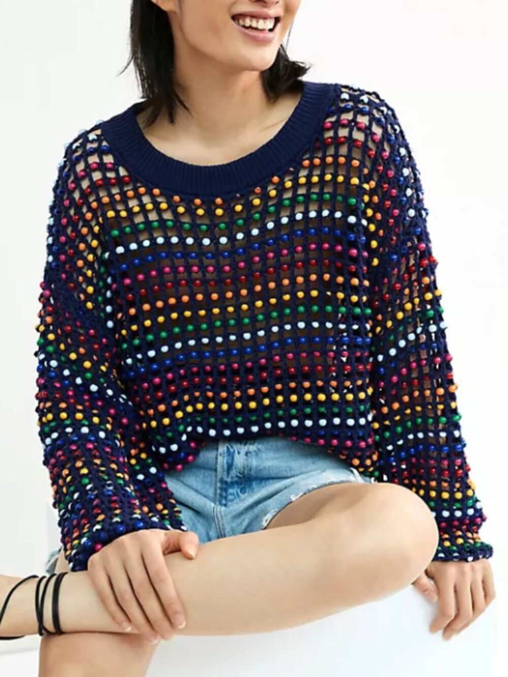 Farm Rio Navy Blue Topanga Rainbow Beaded Crochet Knit Sweater New With Tags